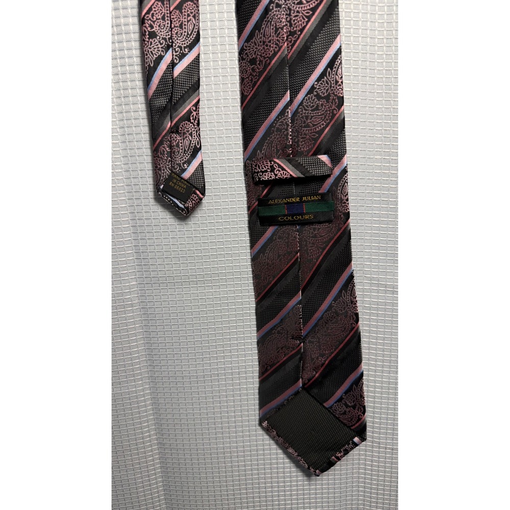 Alexander Julian Colours Necktie OS Black Pink Paisley Striped Silk‎ Tie